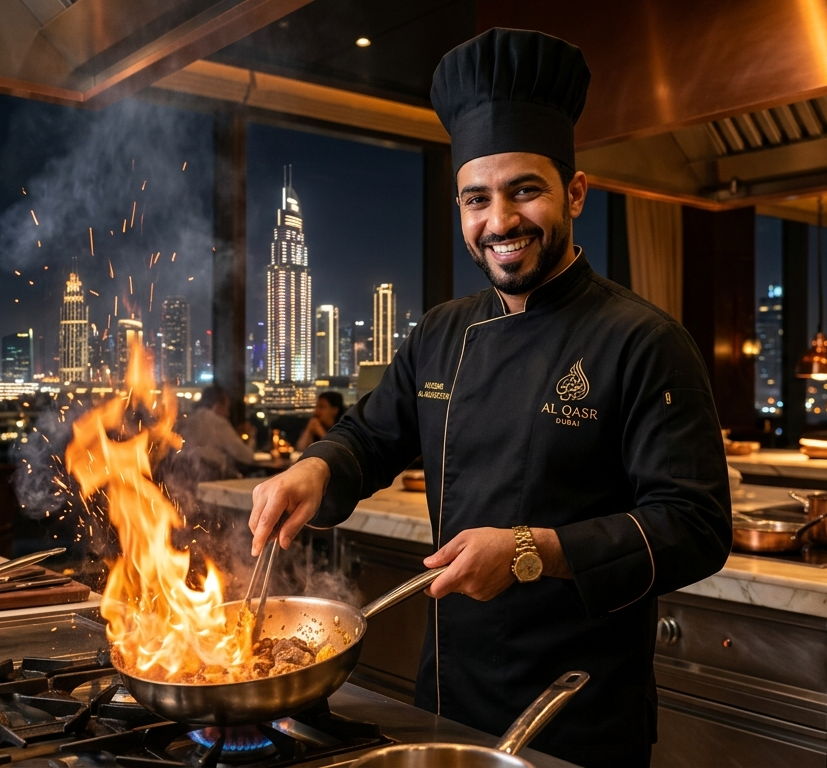 Chef cooking with flames in the kitchen
